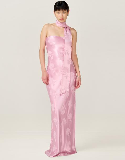 Omnes Dresses myla maxi fitted viscose floral jacquard dress in pink with matching scarf detail in pink