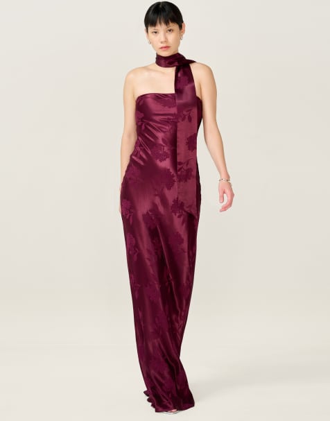 Omnes Dresses myla maxi fitted viscose floral jacquard dress in red with matching scarf detail in red