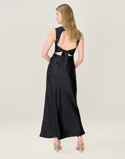 Omnes Dresses nova black satin midi dress with open back in black - view 1