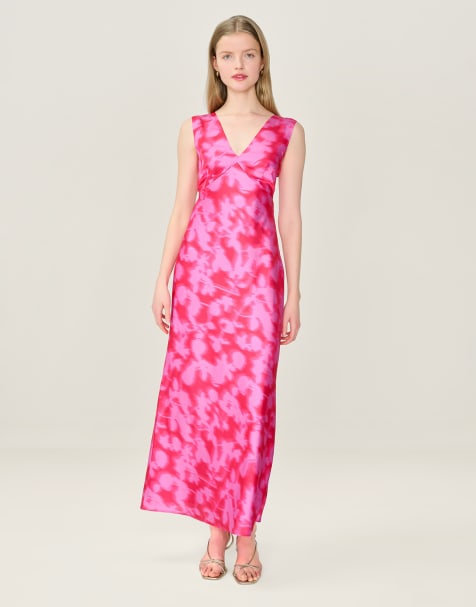 Omnes Dresses nova floral satin midi dress with open back in hot pink in pink