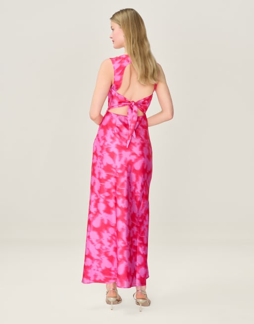 Omnes Dresses nova floral satin midi dress with open back in hot pink , 2 of 4