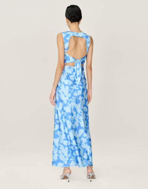 Omnes Dresses nova floral satin midi dress with open back in powder blue in blue - view 1