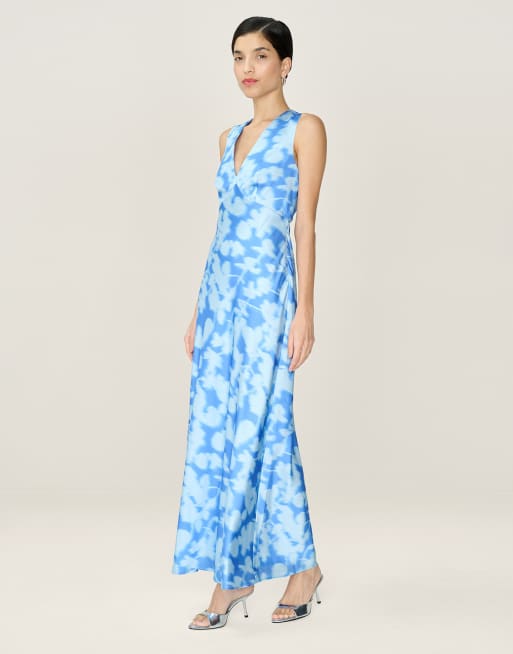 Omnes Dresses nova floral satin midi dress with open back in powder blue in blue, 4 of 4