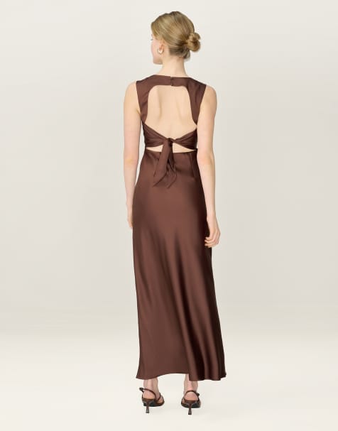 Omnes Dresses nova satin midi dress with open back in chocolate brown in brown