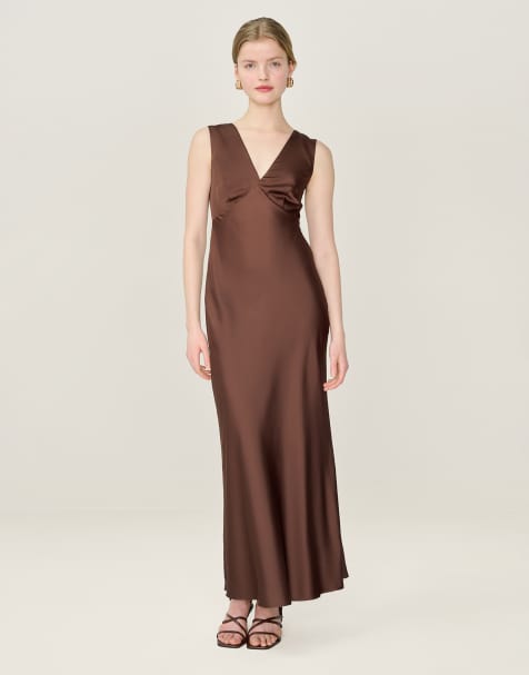 Omnes Dresses nova satin midi dress with open back in chocolate brown - view 1