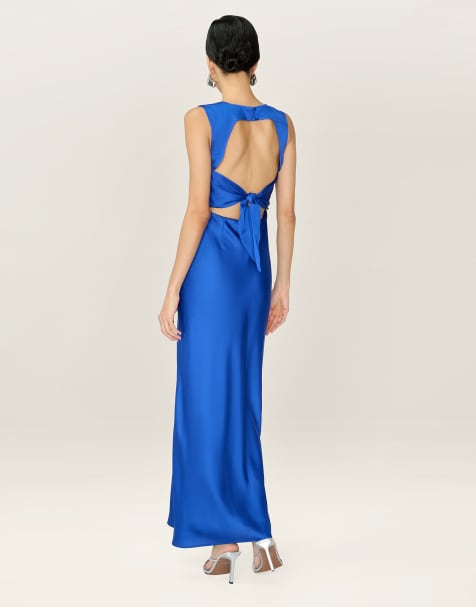 Omnes Dresses nova satin midi dress with open back in cobalt blue in blue