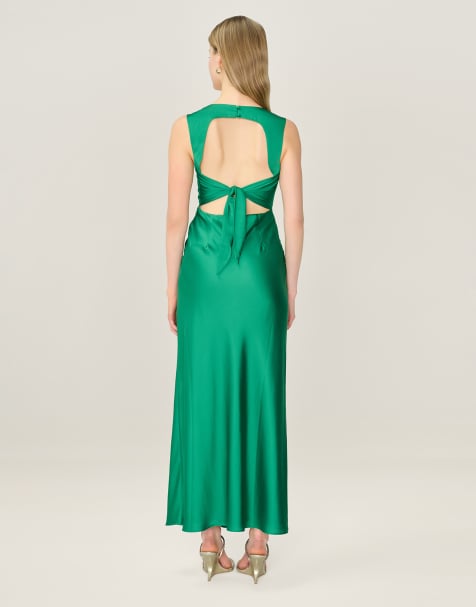 Omnes Dresses nova satin midi dress with open back in emerald green in green