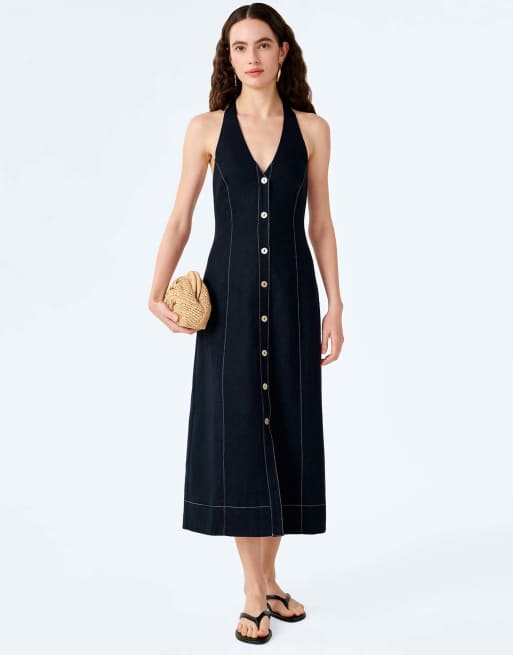 Omnes Dresses octavia linen halter neck dress with pearl buttons in navy, 2 of 5