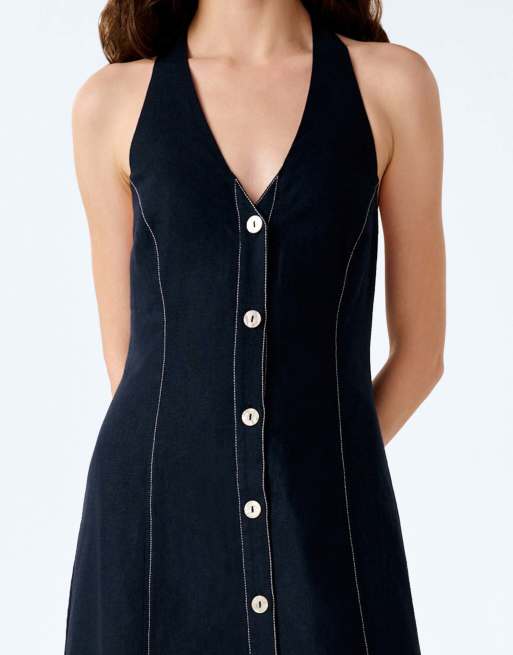 Omnes Dresses octavia linen halter neck dress with pearl buttons in navy, 3 of 5