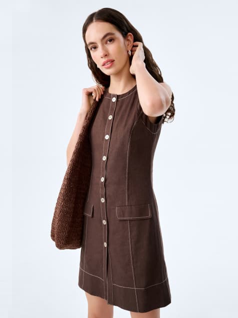 Omnes Dresses raphi sleeveless, tailored linen mini dress in chocolate brown in brown - view 1