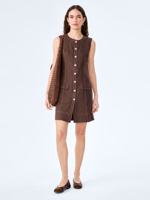 Omnes Dresses raphi sleeveless, tailored linen mini dress in chocolate brown in brown, 3 of 4