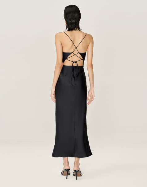 Omnes Dresses riviera black satin midi dress with lace-up back in black