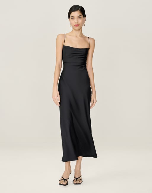 Omnes Dresses riviera black satin midi dress with lace-up back in black |  ASOS