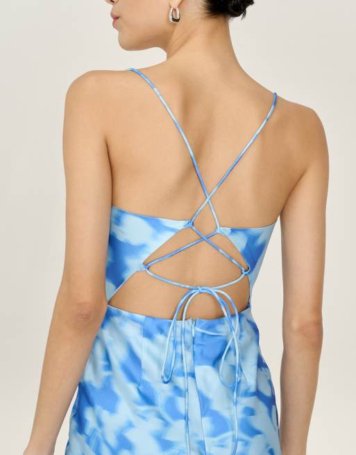 Omnes Dresses riviera satin floral midi dress with lace-up back in blue in  blue | ASOS
