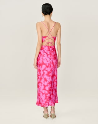 Omnes Dresses Riviera Satin Floral Midi Dress With Lace-up Back In Pink