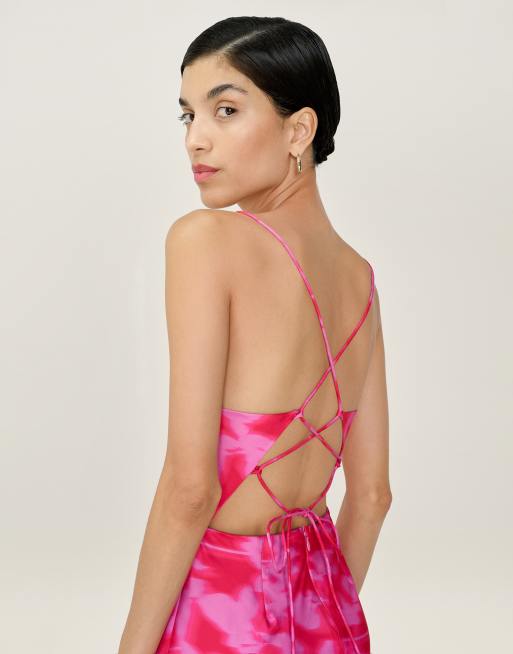 Omnes Dresses riviera satin floral midi dress with lace-up back in hot pink  in pink | ASOS