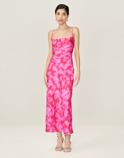 Omnes Dresses riviera satin floral midi dress with lace-up back in hot pink  - view 1