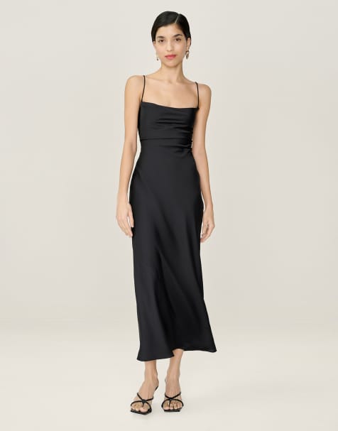 Omnes Dresses riviera satin midi dress with lace-up back in black - view 1
