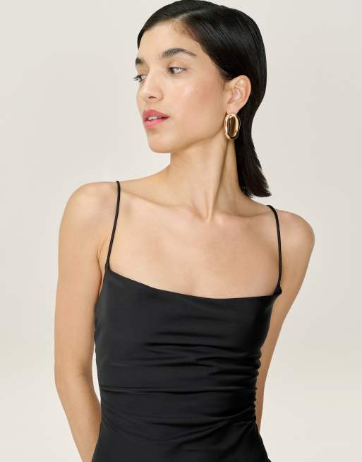 Omnes Dresses riviera satin midi dress with lace-up back in black, 3 of 4