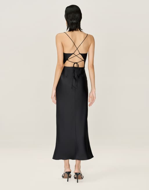 Omnes Dresses riviera satin midi dress with lace-up back in black, 4 of 4