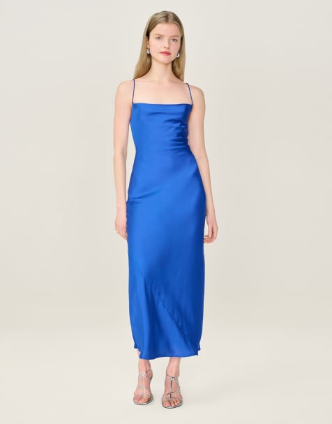 Omnes Dresses riviera satin midi dress with tie-back in cobalt blue in blue