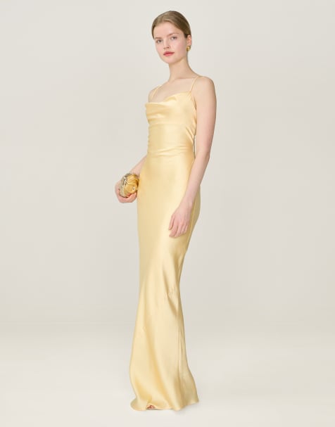 Omnes Dresses riviera satin midi dress with tie-back in cobalt blue in yellow