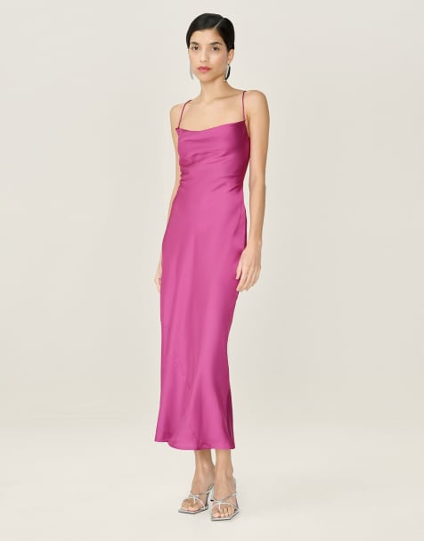 Omnes Dresses riviera satin midi dress with tie-back in magenta in magenta - view 1