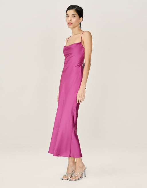 Omnes Dresses riviera satin midi dress with tie-back in magenta, 2 of 4