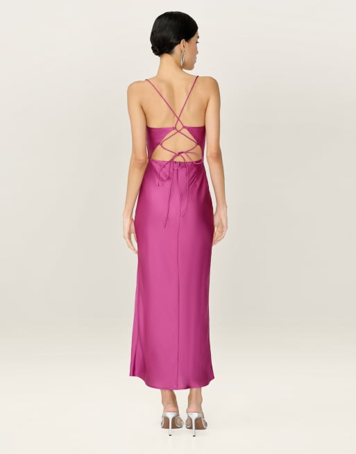 Omnes Dresses riviera satin midi dress with tie-back in magenta, 3 of 4