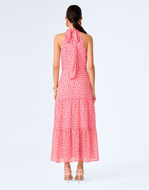 Omnes Dresses romeo high-neck chiffon midi dress in pink polka dot , 2 of 3