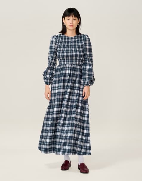Omnes Dresses saint shirred bodice with baloon sleeve midi dress in navy check - view 1