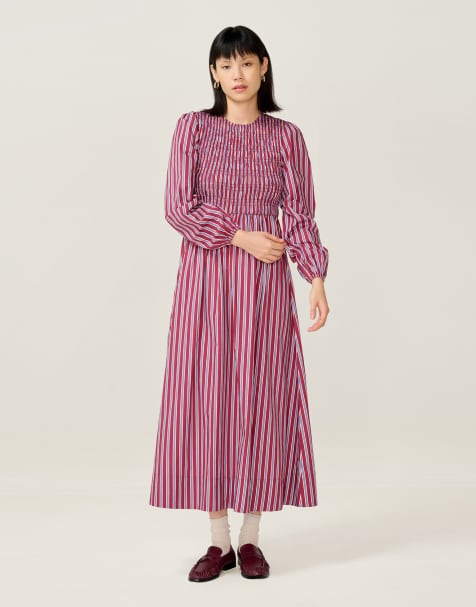 Omnes Dresses saint stripe baloon sleeve midi dress in blue and brown