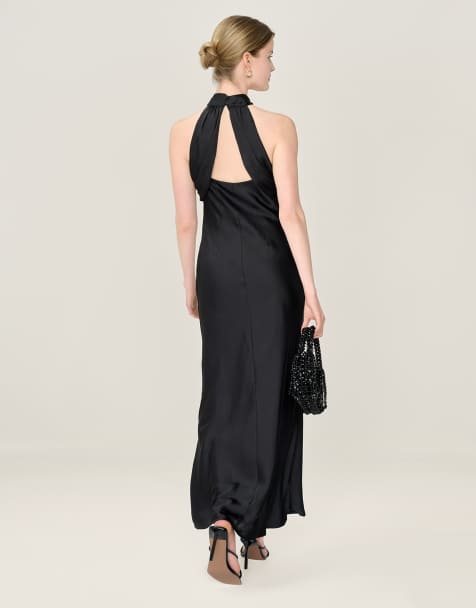 Omnes Dresses seychelles halter neck satin midi dress in black in black