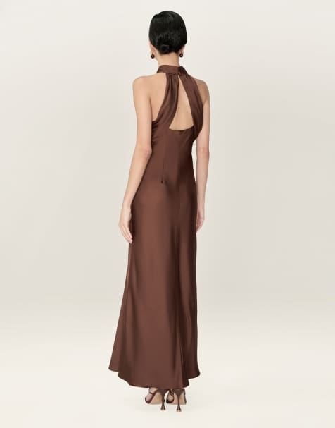 Omnes Dresses seychelles halter neck satin midi dress in chocolate brown in brown