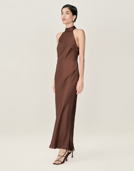 Omnes Dresses seychelles halter neck satin midi dress in chocolate brown , 4 of 4