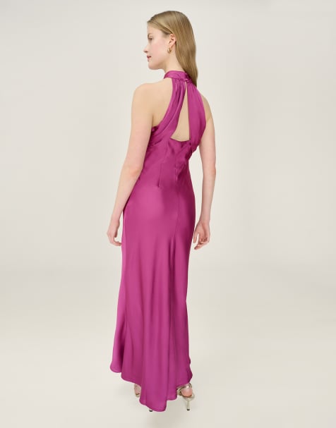 Omnes Dresses seychelles halter neck satin midi dress in magenta in magenta