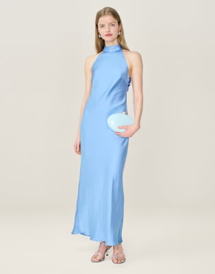 Omnes Dresses Seychelles Halter Neck Satin Midi Dress In Blue