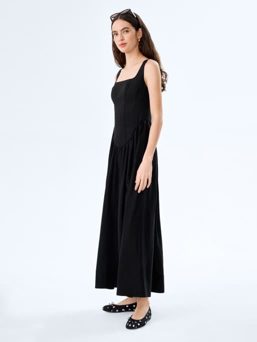 Omnes Dresses suri linen midi dress with corset-style top in black in black, 2 of 4