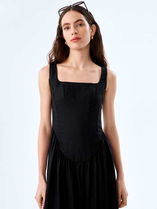 Omnes Dresses suri linen midi dress with corset-style top in black in black, 3 of 4