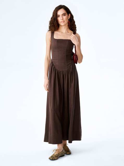 Omnes Dresses suri linen midi dress with corset-style top in chocolate brown 