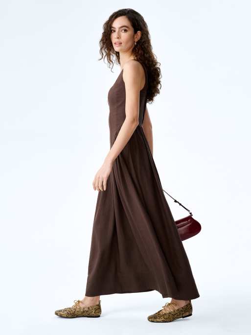 Omnes Dresses suri linen midi dress with corset-style top in chocolate brown , 3 of 4
