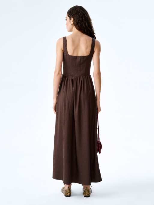 Omnes Dresses suri linen midi dress with corset-style top in chocolate brown , 4 of 4