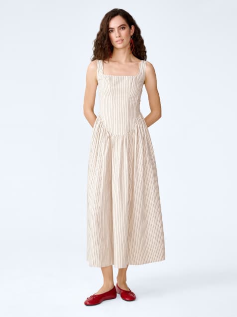 Omnes Dresses suri linen midi dress with corset-style top in cream with pinstripe in cream