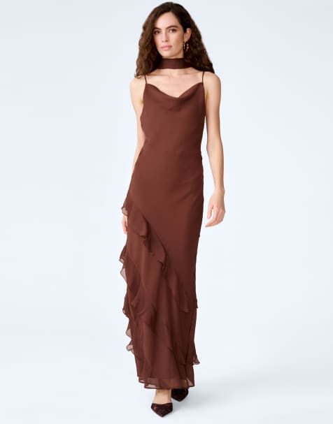 Omnes Dresses taylor chiffon ruffle maxi dress with scarf in chocolate brown - view 1