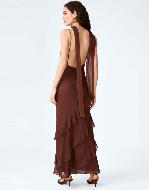 Omnes Dresses taylor chiffon ruffle maxi dress with scarf in chocolate brown, 2 of 4