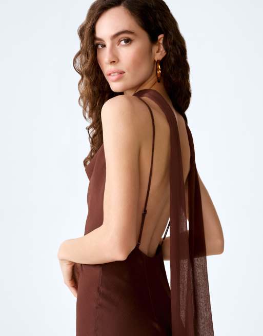 Omnes Dresses taylor chiffon ruffle maxi dress with scarf in chocolate brown, 3 of 4