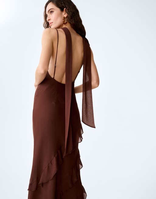 Omnes Dresses taylor chiffon ruffle maxi dress with scarf in chocolate brown, 4 of 4