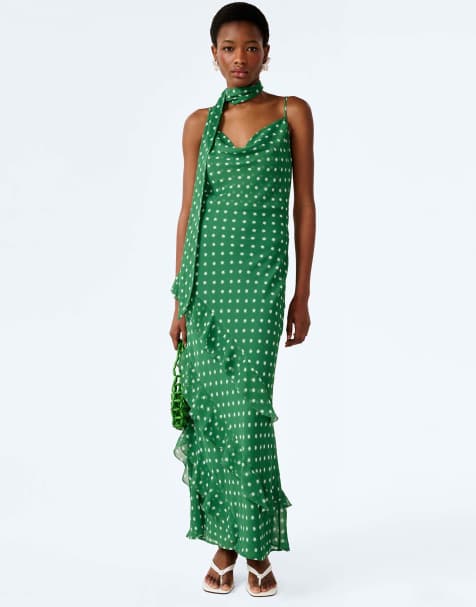 Omnes Dresses taylor chiffon ruffle maxi dress with scarf in emerald green  - view 1