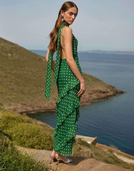 Omnes Dresses taylor chiffon ruffle maxi dress with scarf in emerald green , 2 of 6