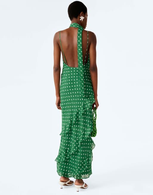 Omnes Dresses taylor chiffon ruffle maxi dress with scarf in emerald green , 3 of 6